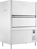 A large, industrial stainless steel Hobart pot/pan/utensil washer stands on four legs. The machine features a prominent front-loading door, high temperature sanitizing, a control panel with buttons and digital display, and a handle on the left side.