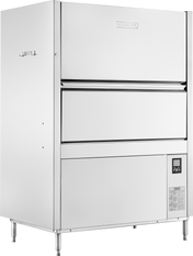 A large, industrial stainless steel Hobart pot/pan/utensil washer stands on four legs. The machine features a prominent front-loading door, high temperature sanitizing, a control panel with buttons and digital display, and a handle on the left side.