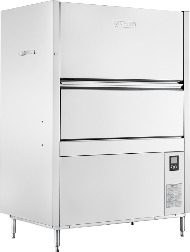 A large, industrial stainless steel Hobart pot/pan/utensil washer stands on four legs. The machine features a prominent front-loading door, high temperature sanitizing, a control panel with buttons and digital display, and a handle on the left side.