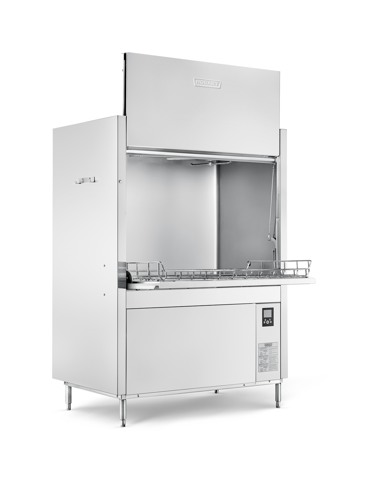 A large, industrial stainless steel front loading pot pan washer with high temperature sanitizing, open front, wire rack inside, control panel on the right front side, and adjustable metal legs, set against a plain white background.