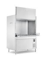 A large, industrial stainless steel front loading pot pan washer with high temperature sanitizing, open front, wire rack inside, control panel on the right front side, and adjustable metal legs, set against a plain white background.