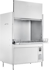 A large, industrial front loading stainless steel pot/pan/utensil washer with a partially open door reveals a metal rack inside. Its sleek exterior features minimal buttons and a small digital control panel on the lower right.