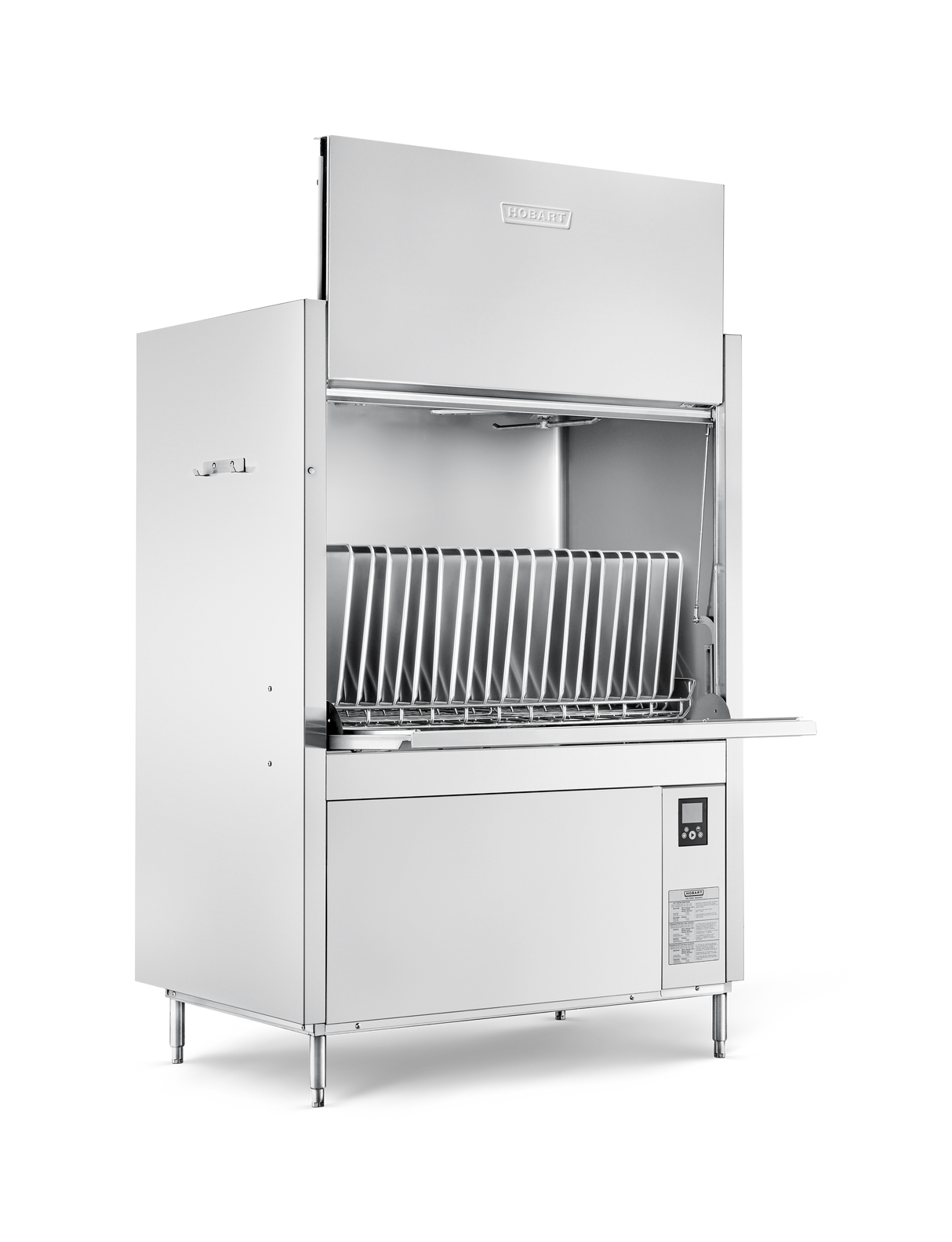 A commercial front loading stainless steel dishwasher with vertical racks for dishes, a top-mounted control panel, side handle, and four metal legs. Ideal for high temperature sanitizing, it stands against a plain white background.