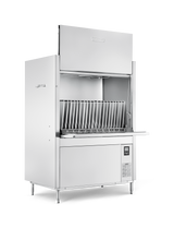 A commercial front loading stainless steel dishwasher with vertical racks for dishes, a top-mounted control panel, side handle, and four metal legs. Ideal for high temperature sanitizing, it stands against a plain white background.