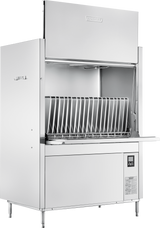 A commercial Hobart front loading dishwashing machine with a stainless steel exterior, open front panel, vertical dish rack inside, and smart touchscreen controls on the lower right side. The machine stands on four legs against a white background.