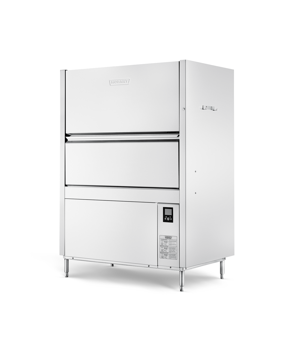 A large, industrial front loading utensil washer with a boxy shape, featuring a high temperature sanitizing cycle, front-facing control panel in the bottom right, and horizontal handle. The stainless steel machine stands on four legs against a plain white background.