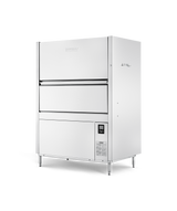 A large, industrial front loading utensil washer with a boxy shape, featuring a high temperature sanitizing cycle, front-facing control panel in the bottom right, and horizontal handle. The stainless steel machine stands on four legs against a plain white background.