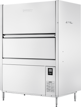 A commercial stainless steel front loading utensil washer with a boxy shape, large door, control panel with digital display on the lower right, and four metal legs. The brand “Hobart” is visible at the top center of this high temperature sanitizing unit.