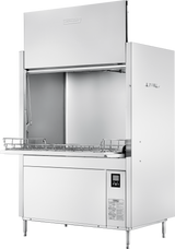 A large, stainless steel front loading utensil washer with an open door, visible wire racks for dishes, high temperature sanitizing feature, control panel, and instruction label on the lower right. The appliance stands on four legs with a sleek, industrial design.