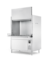 A large, industrial front loading stainless steel dishwasher with a pull-down panel, side handles, control panel, and wire rack inside. The pot pan washer stands on four legs and features a reflective metallic finish against a plain white background.