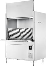 A large, industrial stainless steel front loading dishwashing machine with an open front reveals racks lined with vertical trays. This Hobart pot pan washer has a control panel and instructional label on the bottom right, and stands on four legs.