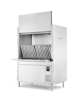 A large front loading commercial pot pan washer made of stainless steel, with a partly lifted door revealing racks holding metal trays vertically. The control panel sits on the lower right, and it features high temperature sanitizing.