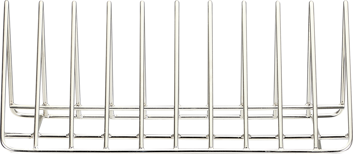 A metal wire rack with evenly spaced vertical slots, designed to hold items upright—perfect for use in a front loading pot/pan/utensil washer. Silver, rectangular, and open-frame structure. The background is plain white.