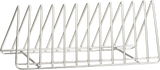 A silver metal rack with parallel, triangular slots fits perfectly in a Hobart Advansys commercial utensil washer. The open framework on its rectangular base allows visibility and airflow around stored objects, such as plates, lids, or files.