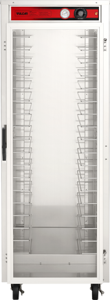 A tall, stainless steel Heated cart with a clear glass door, multiple wire shelves for sheet pan capacity, a black handle, caster wheels for mobility, and a red control panel with a temperature gauge and dial at the top front.