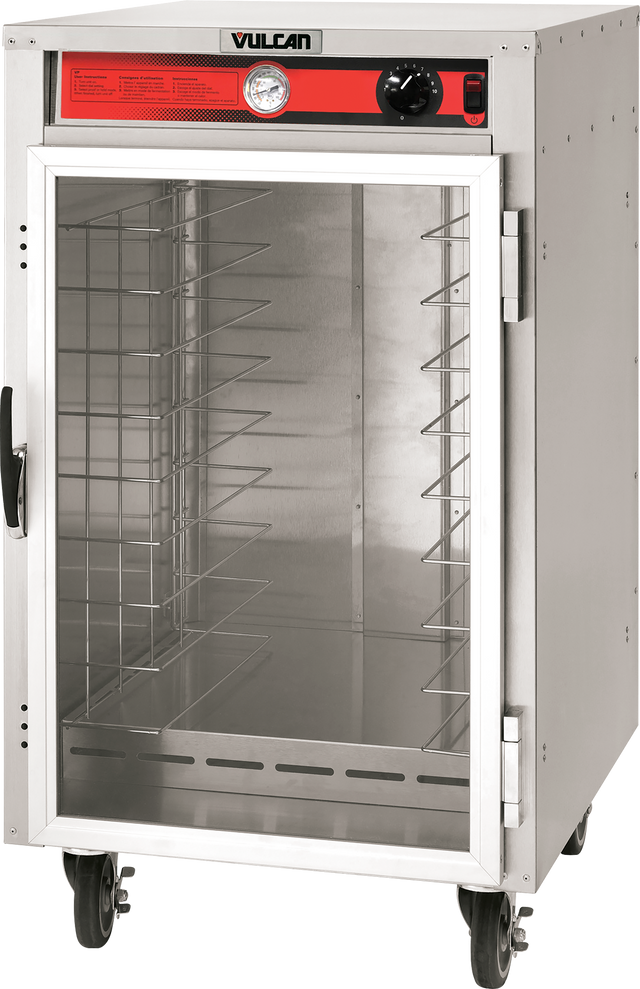 A stainless steel heated cart with durable stainless steel construction, this mobile sheet pan cart features a glass front door, interior wire racks, a temperature gauge, and control knob on a red "Vulcan" panel—perfect for keeping hot food trays ready to serve.