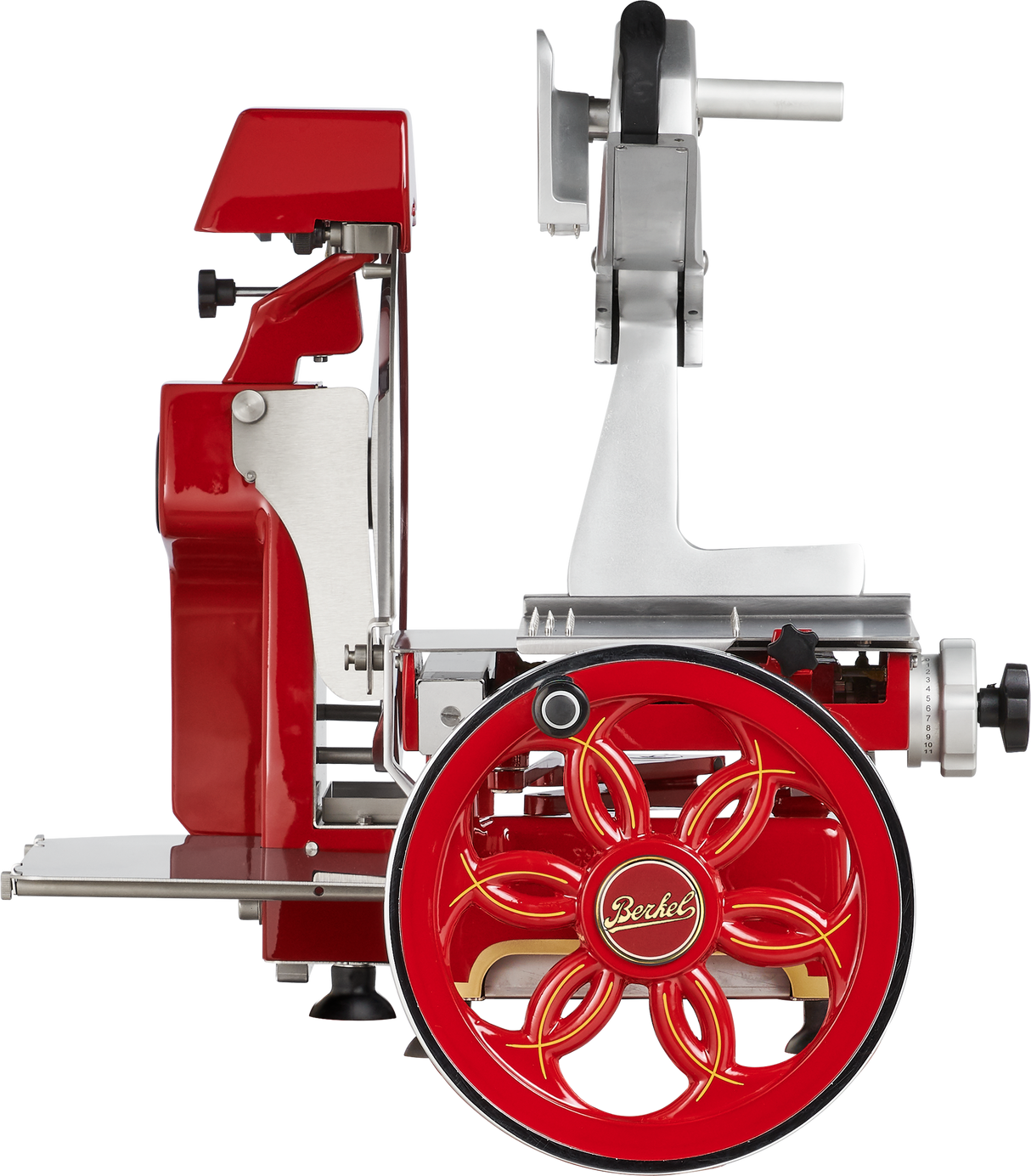 A shiny, red and silver vintage Berkel Fly Wheel Slicer is shown in side profile, featuring a chromium-plated carbon steel knife, intricate details, and a large decorative wheel. The design exudes a classic, retro look.