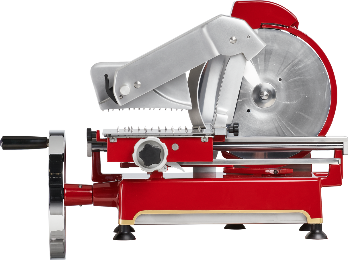 A close-up side view of a Berkel Fly Wheel Slicer with a red and silver finish, featuring a chromium-plated carbon steel knife, a left-side handle, and adjustment knobs. The slicer’s detailed mechanical parts stand out against a white background.