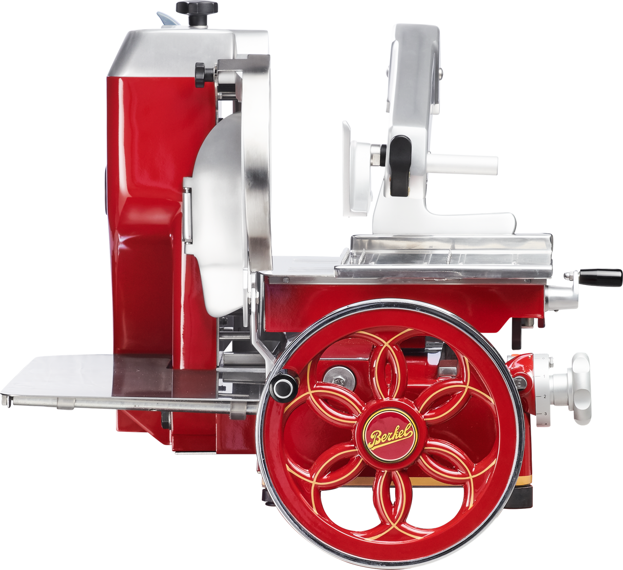 A red and silver vintage-style Fly Wheel Slicer with a large decorative wheel labeled Berkel, a hand-crank handle, and retro detailing. The Berkel 330M features a chromium-plated carbon steel knife and polished metal components, set against a white background.