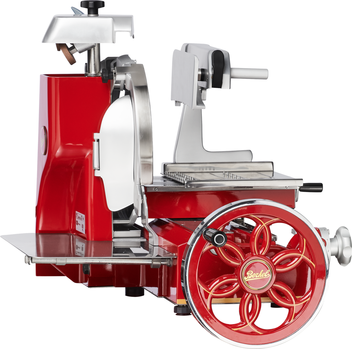 A vintage-style Berkel 330M Fly Wheel Slicer in red and silver, featuring a large hand-crank wheel, a chromium-plated carbon steel knife, ornate detailing, and the iconic Berkel logo at the center of the wheel.