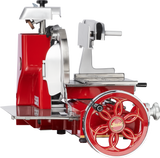 A vintage-style Berkel 330M Fly Wheel Slicer in red and silver, featuring a large hand-crank wheel, a chromium-plated carbon steel knife, ornate detailing, and the iconic Berkel logo at the center of the wheel.