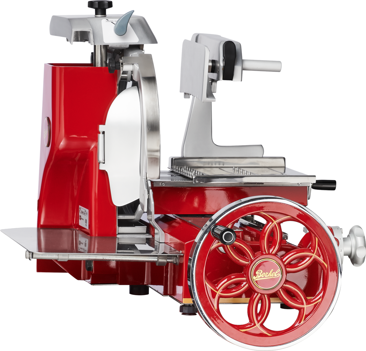 A vintage Berkel 330M Fly Wheel Slicer with a large hand-crank wheel, chromium-plated carbon steel knife, and metal platform for holding food, featuring ornate detailing and a Berkel logo at the center of the wheel.