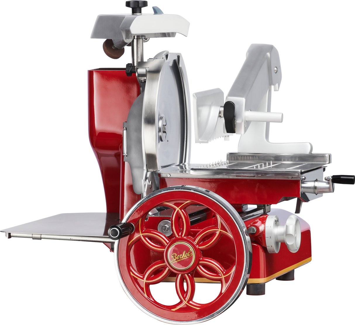 A vintage-style Berkel 330M Fly Wheel Slicer in red and silver, featuring a chromium-plated carbon steel knife, a large decorative wheel with gold script, an adjustable white platform, and a flat metal base.