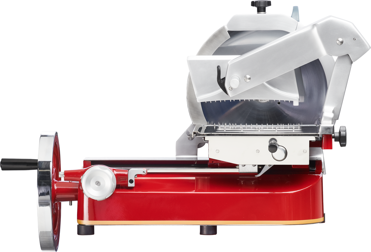 A commercial Fly Wheel Slicer with a shiny Chromium-plated Carbon Steel Knife and arm, mounted on a bright red base. The large circular blade features a safety guard, while black handle and adjustment knobs enhance ease of use.