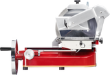 A commercial Fly Wheel Slicer with a shiny Chromium-plated Carbon Steel Knife and arm, mounted on a bright red base. The large circular blade features a safety guard, while black handle and adjustment knobs enhance ease of use.