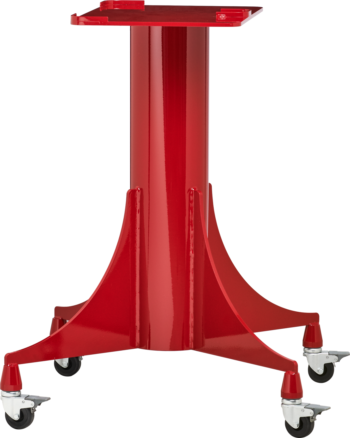 A bright red Berkel slicer stand with casters features a sturdy central column and four wide, flared legs, each ending in a swivel caster wheel. The flat platform on top is ideal for supporting equipment or tools, giving it an industrial and mobile design.