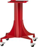 A bright red Berkel slicer stand with casters features a sturdy central column and four wide, flared legs, each ending in a swivel caster wheel. The flat platform on top is ideal for supporting equipment or tools, giving it an industrial and mobile design.