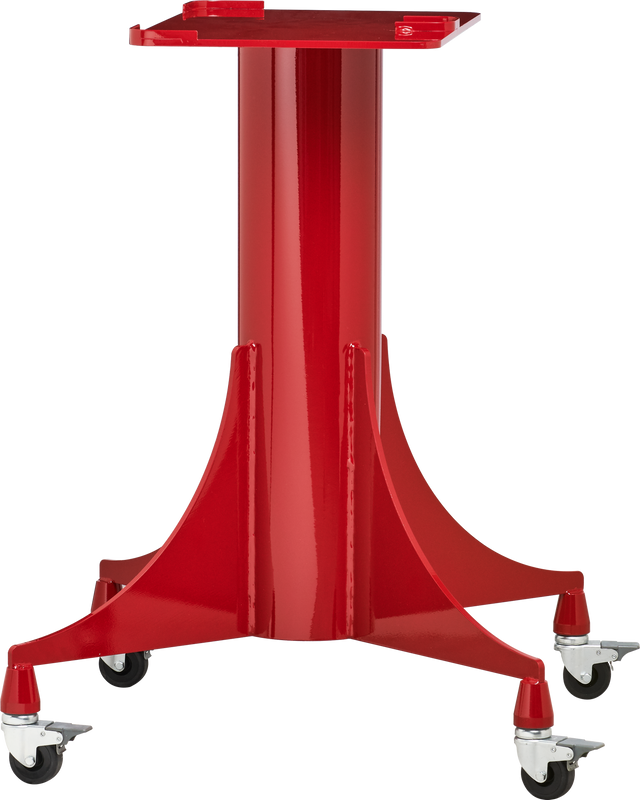 A bright red Berkel slicer stand with casters features a sturdy central column and four wide, flared legs, each ending in a swivel caster wheel. The flat platform on top is ideal for supporting equipment or tools, giving it an industrial and mobile design.