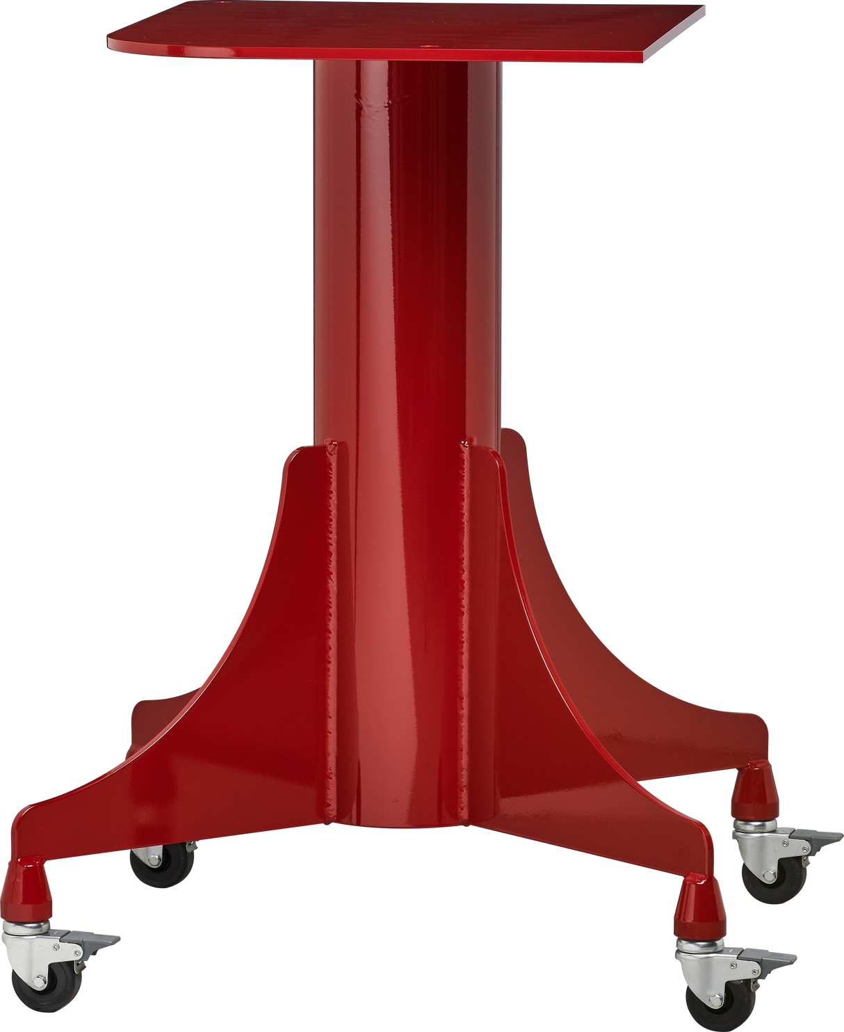 A red metal Berkel slicer stand with casters, featuring a square top, cylindrical support, and four angled legs. Its industrial design is sturdy and sleek, with glossy red paint and metallic hardware on the wheels.