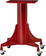 A red metal Berkel slicer stand with casters, featuring a square top, cylindrical support, and four angled legs. Its industrial design is sturdy and sleek, with glossy red paint and metallic hardware on the wheels.