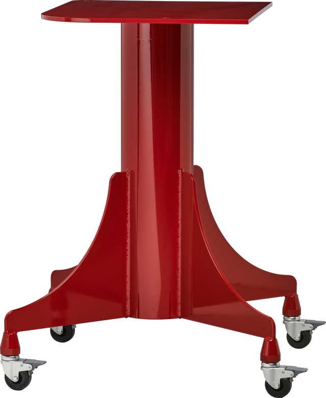 A red metal Berkel slicer stand with casters, featuring a square top, cylindrical support, and four angled legs. Its industrial design is sturdy and sleek, with glossy red paint and metallic hardware on the wheels.