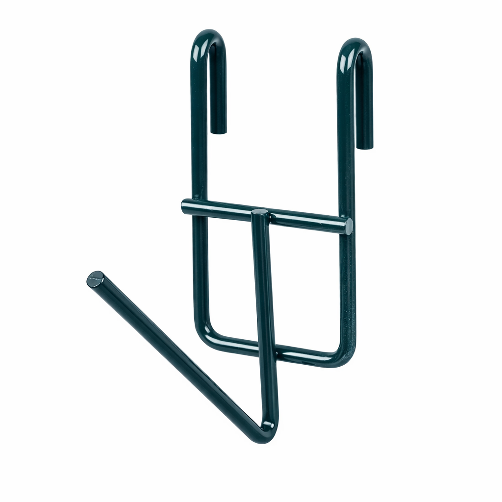 A dark green metal mounting bracket with two rounded hooks on top, a horizontal bar across the middle, and a long angled rod extending outward, designed for hanging or holding items, photographed against a white background.