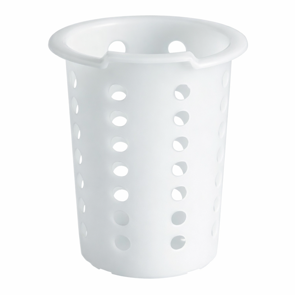 A white, cylindrical Store Grid Flatware Holder with evenly spaced round holes in vertical rows. This NSF flatware cylinder features a flared rim with two small notches on opposite sides, set against a plain white background.