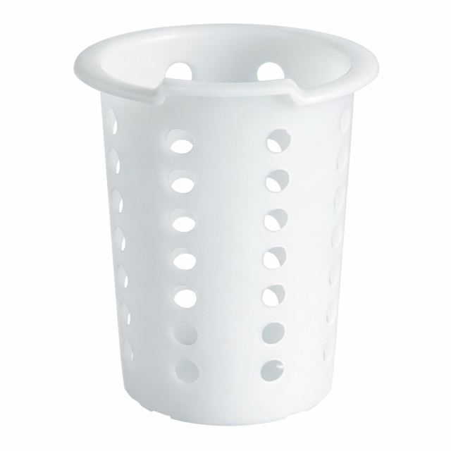 A white, cylindrical Store Grid Flatware Holder with evenly spaced round holes in vertical rows. This NSF flatware cylinder features a flared rim with two small notches on opposite sides, set against a plain white background.
