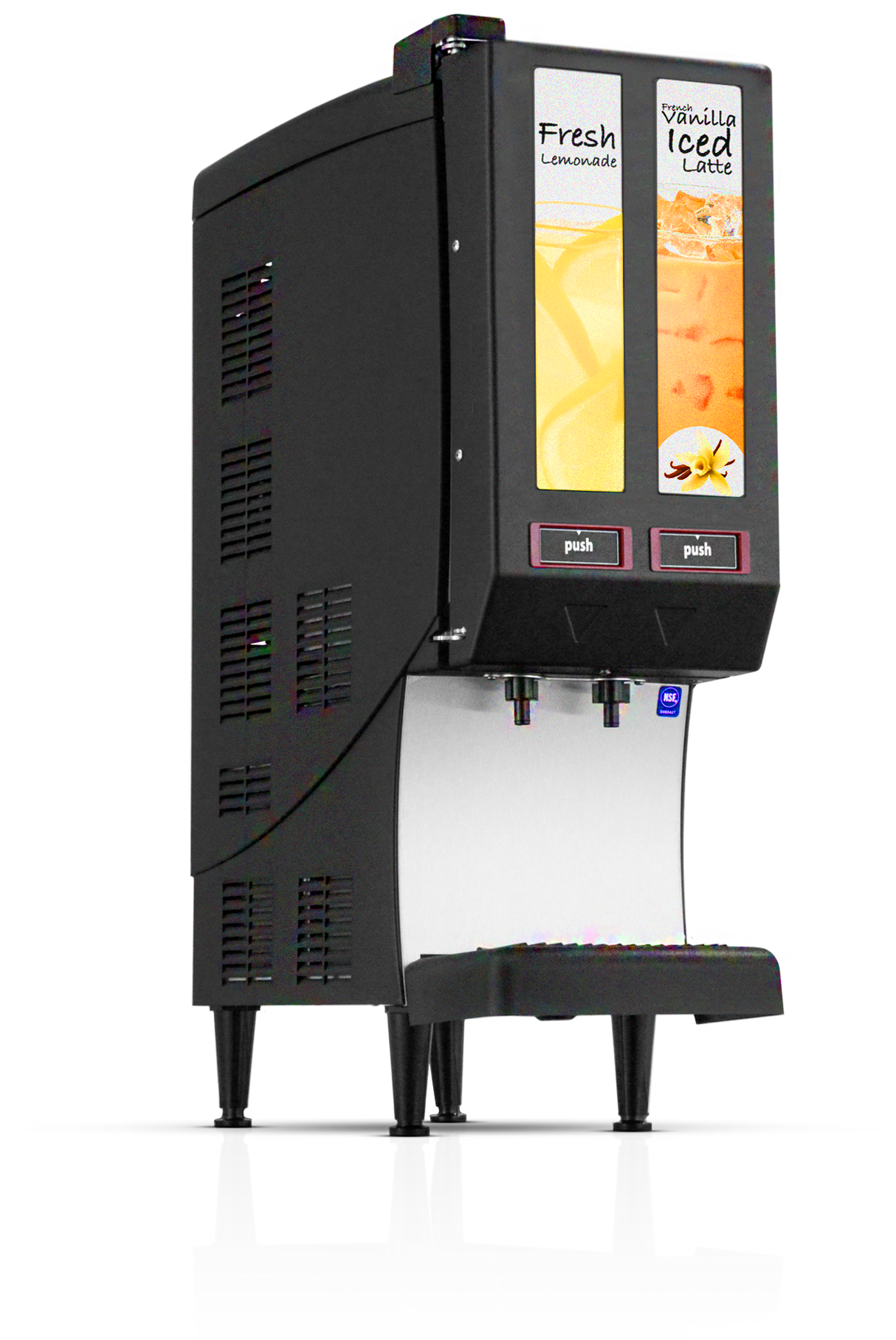 The Quest Elite 2000 is a stylish black countertop Juice Dispenser with two labeled sections: “Fresh Lemonade” with a lemon image, and “Vanilla Iced Latte” with a vanilla flower. Both drinks are dispensed via push buttons. The machine stands on four legs.