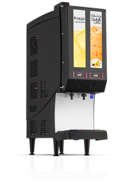 The Quest Elite 2000 is a stylish black countertop Juice Dispenser with two labeled sections: “Fresh Lemonade” with a lemon image, and “Vanilla Iced Latte” with a vanilla flower. Both drinks are dispensed via push buttons. The machine stands on four legs.