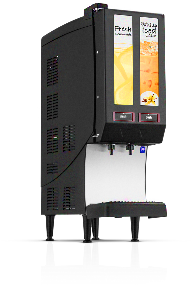 The Quest Elite 2000 is a stylish black countertop Juice Dispenser with two labeled sections: “Fresh Lemonade” with a lemon image, and “Vanilla Iced Latte” with a vanilla flower. Both drinks are dispensed via push buttons. The machine stands on four legs.