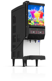 A black countertop juice dispenser with two push-button valves, labeled “push,” features a colorful image of assorted fruits and the words “Fruit Juice” on the front. The machine stands on four legs with a drip tray below the spouts.