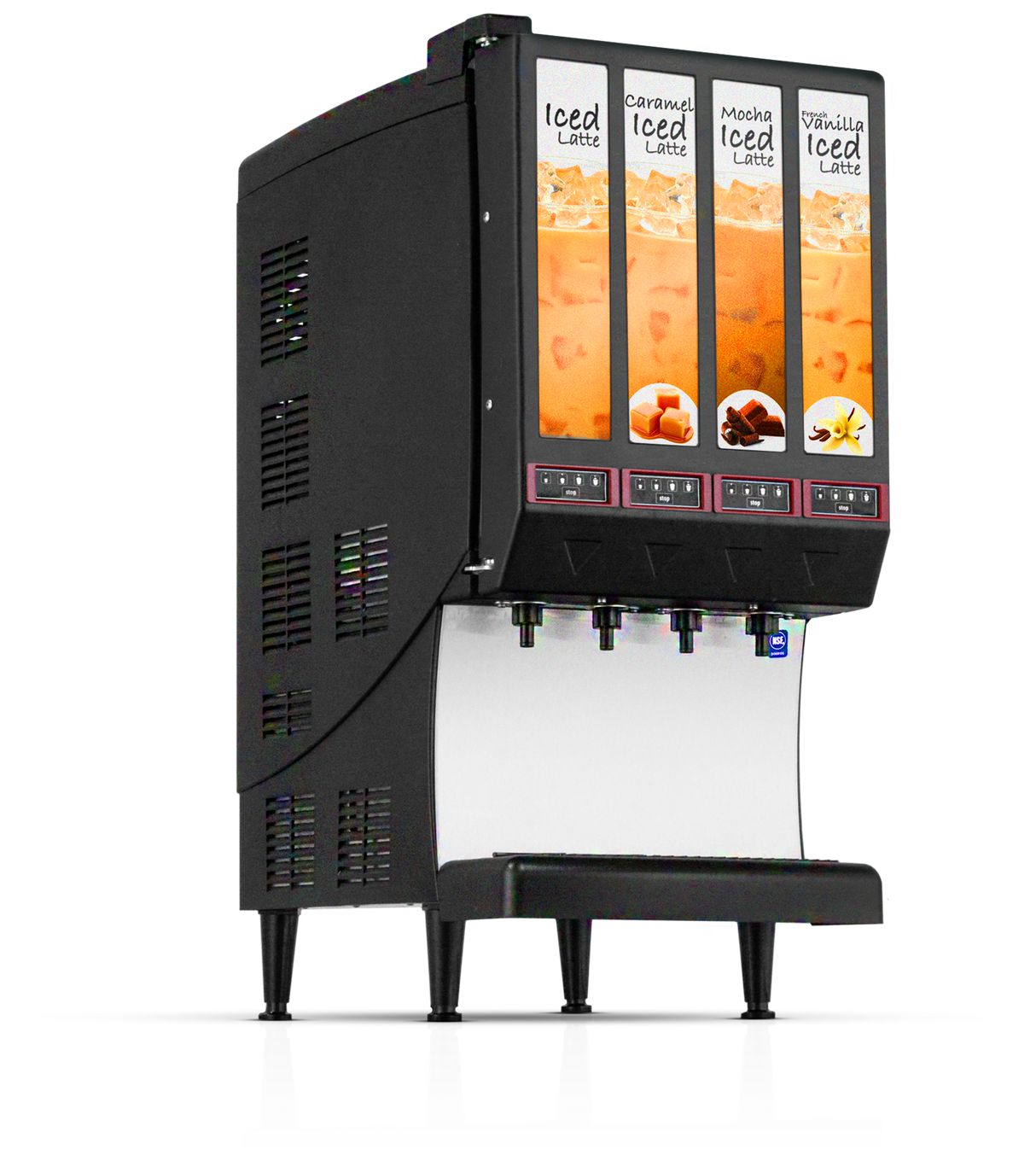 A black and silver countertop iced latte dispenser features four labeled sections with drink images above 4 push-button valves: Iced Latte, Caramel Iced Latte, Mocha Iced Latte, and Vanilla Iced Latte. The machine stands on four legs.