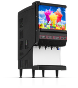 A black electric juice dispenser with four taps, the Quest Elite 4000 Juice Dispenser features a vibrant display panel of colorful juices and fruits. Its modern countertop design stands on four legs, with "Fruit Juice" boldly displayed in white letters.