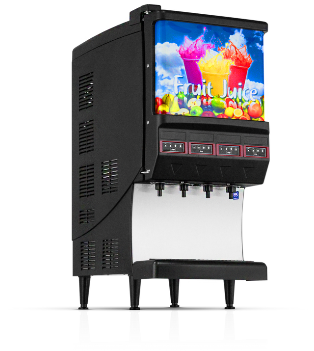 A black countertop juice dispenser with four nozzles, portion control valves, a drip tray, and four drink selection buttons. The top display shows vibrant fruit juices and assorted fruits, labeled Fruit Juice against a blue sky background.