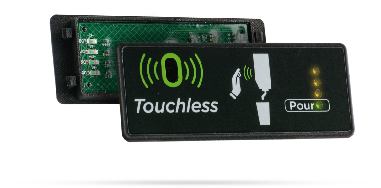 A rectangular black Cornelius Touchless Module panel labeled Touchless shows a green sensor icon, a hand illustration near a drink dispenser, and four yellow indicator lights next to "Pour." The internal circuit board is partially visible behind the 2 flavor systems front panel.