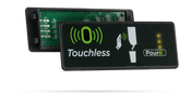 A rectangular black Cornelius Touchless Module panel labeled Touchless shows a green sensor icon, a hand illustration near a drink dispenser, and four yellow indicator lights next to "Pour." The internal circuit board is partially visible behind the 2 flavor systems front panel.