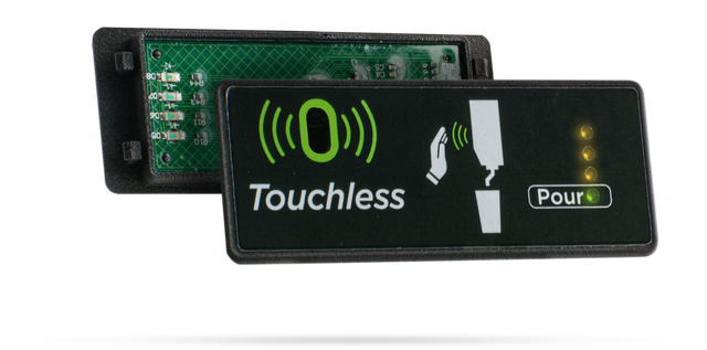 A rectangular black Cornelius Touchless Module panel labeled Touchless shows a green sensor icon, a hand illustration near a drink dispenser, and four yellow indicator lights next to "Pour." The internal circuit board is partially visible behind the 2 flavor systems front panel.