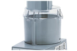 A close-up photo of a Robot Coupe R101P Combination Food Processor shows its large cylindrical bowl with a clear plastic lid and feed tube, securely attached to the metal base. The machine is clean, sturdy, and offers a vegetable prep function for heavy-duty kitchen use.