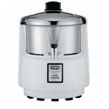 A white and chrome Waring Commercial Juice Extractor with a cylindrical shape, central spout, and black top knob sits on a flat surface. This compact juice extractor is ideal for international use and displays the brand label on the front.